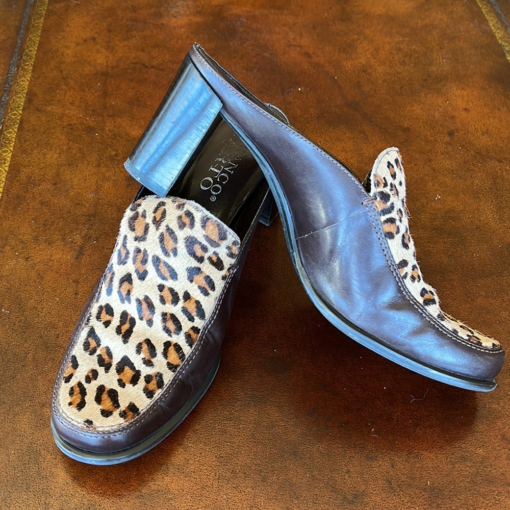 FRANCO SARTO Chocolate Brown & Leopard Cheetah Leather Slip On Mules Size 8.5